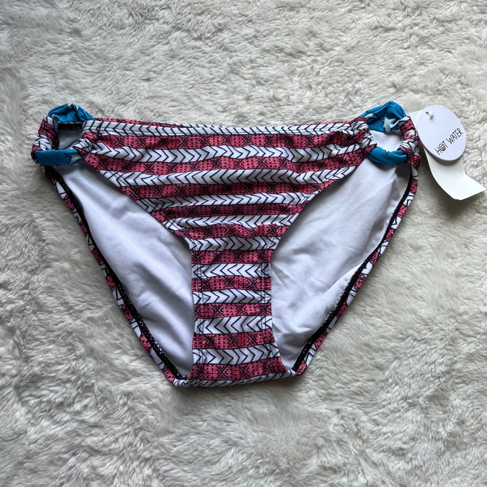 Hot Water Womens Pink Geometric Chevron Knotted Side Bikini Bottom Size M NEW